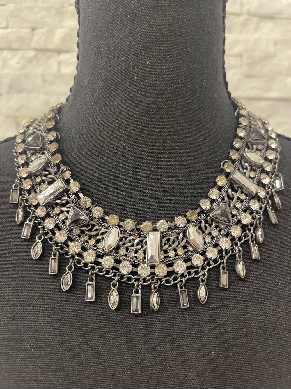 Statement Black and Silver Crystal Bib Necklace Vintage